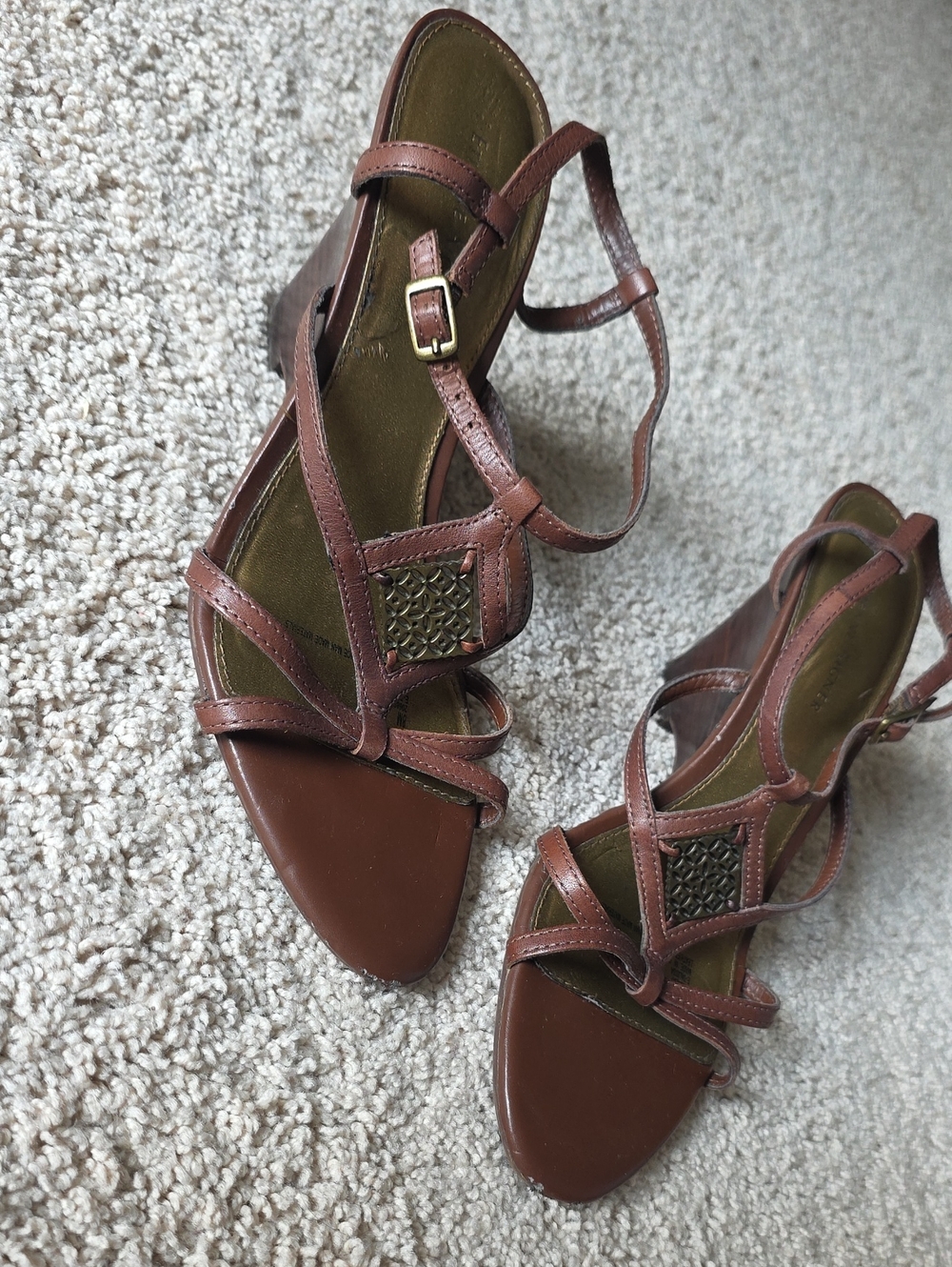 Metal Accent Strappy Brown Wedge